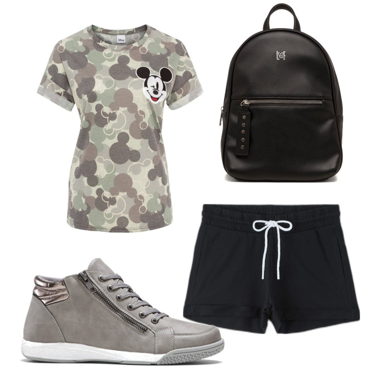 Outfit donna - Total look #1644346. Stile Military per Tutti i giorni. Abbinamento con sneakers alte, maglieria, pantaloni corti, zaini.