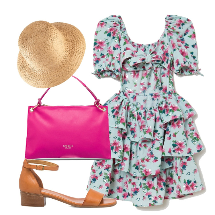 Outfit donna - Pranzo in agriturismo. Stile Romantica per Tutti i giorni. Abbinamento con felpe, vestiti corti, sandali in pelle, borse a mano.