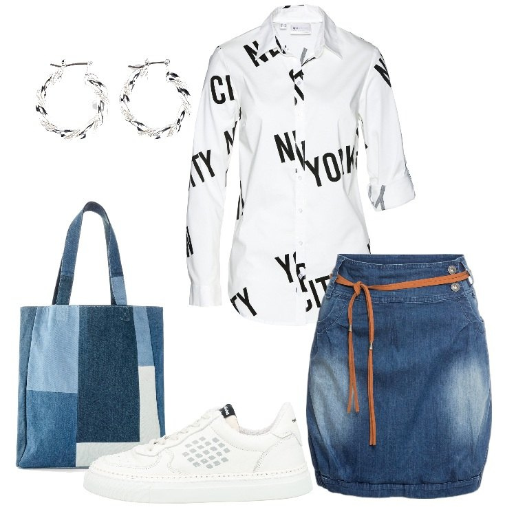 Outfit donna - Viva la minigonna. Stile Casual per Tutti i giorni. Abbinamento con minigonne, orecchini, camicie, shopping bag, sneakers.