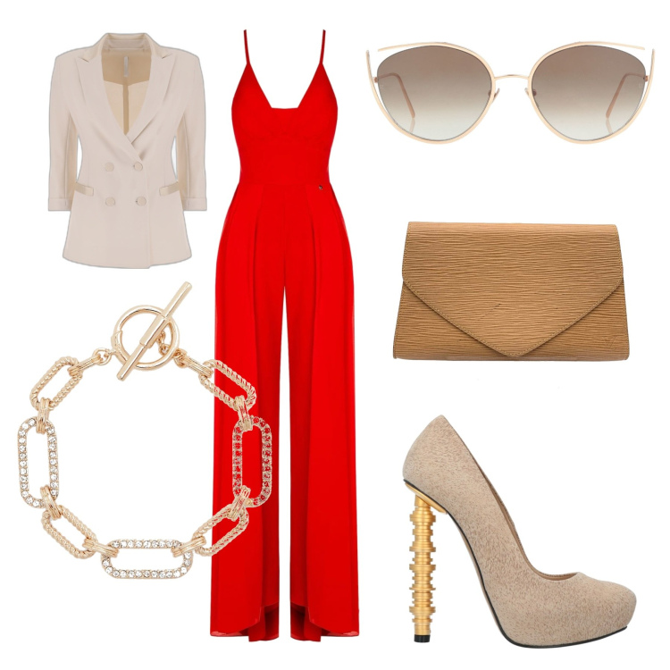 Outfit donna - Tuta. Stile Chic per Serata fuori. Abbinamento con décolleté, occhiali da sole, borse a mano, giacche, tute, braccialetti.