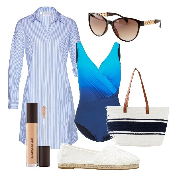 Outfit donna - Al mare. Stile Basic per Mare. Abbinamento con costumi interi, vestiti chemisier, espadrillas, shopping bag, occhiali da sole, correttori.