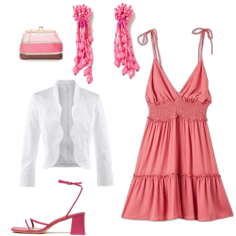 Outfit donna - Sun. Abbinamento con blazer, vestiti corti, pochette, sandali in pelle, orecchini.