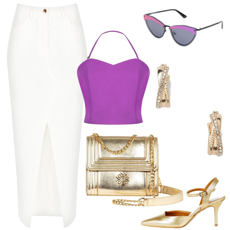 Outfit donna - Nozze estive. Stile Chic per Cerimonia. Abbinamento con occhiali da sole, gonne lunghe, top, borse a tracolla, scarpe col tacco, orecchini.