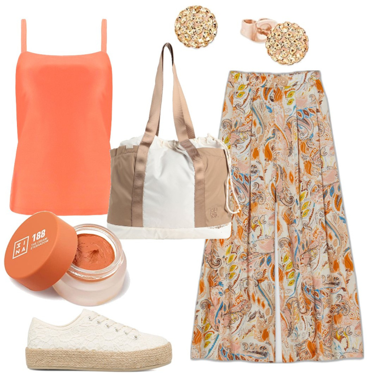 Outfit donna - giorno d\'estate. Stile Casual per Tutti i giorni. Abbinamento con borse a spalla, pantaloni, canottiere, sneakers alte, ombretti, orecchini.