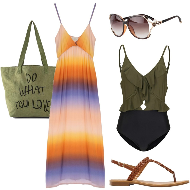 Outfit donna - Sunglasses. Stile Casual chic per Mare. Abbinamento con costumi interi, occhiali da sole, ciabatte, shopping bag, vestiti lunghi.