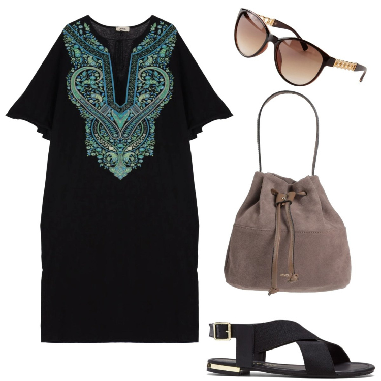 Outfit donna - Con gli occhiali da sole. Stile Etnico per Serata fuori. Abbinamento con sandali, occhiali da sole, borse a mano, vestiti midi/longuette.
