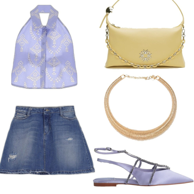 Outfit donna - Viva la minigonna. Stile Casual chic per Serata fuori. Abbinamento con ballerine, collane, minigonne, top, borse a spalla.