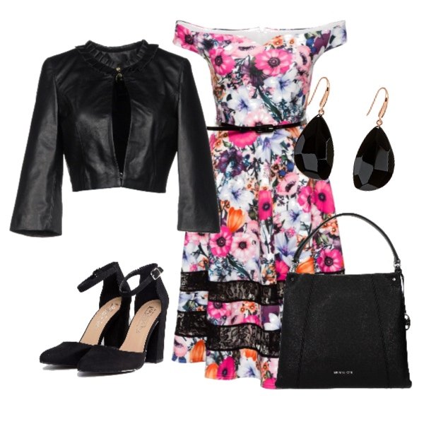Outfit donna - Il vestito a fiori. Stile Chic per Serata fuori. Abbinamento con maglieria, giacca collo tondo a maniche lunghe interno foderato tinta unita, borsa a mano con logo frontale nero, scarpe con tacco largo a punta, orecchini a pendolo in ottone rosa.