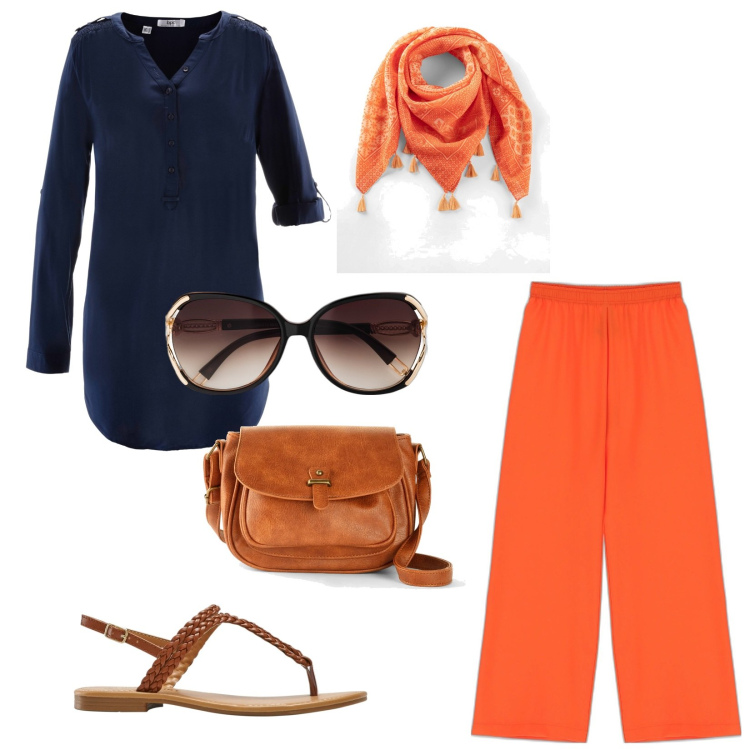 Outfit donna - Tempo libero. Stile Casual chic per Tutti i giorni. Abbinamento con tuniche, occhiali da sole, borse a tracolla, foulard, ciabatte, pantaloni a palazzo.