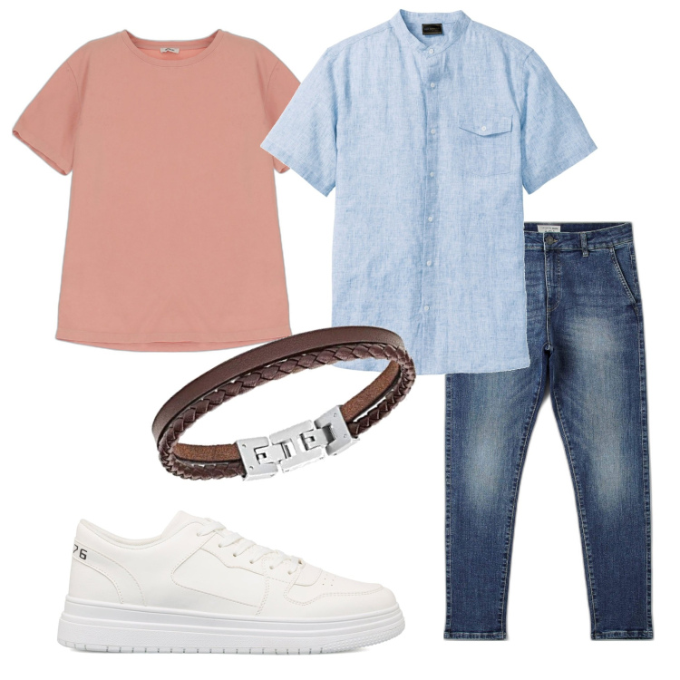 Outfit uomo - Total look #1644977. Stile Urban per Tutti i giorni. Abbinamento con camicie a manica corta, jeans, t-shirt, sneakers, braccialetti.