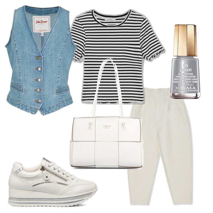 Outfit donna - Il gilet in jeans. Stile Trendy per Tutti i giorni. Abbinamento con gilet, pantaloni, t-shirt, sneakers, borse a spalla, smalti.