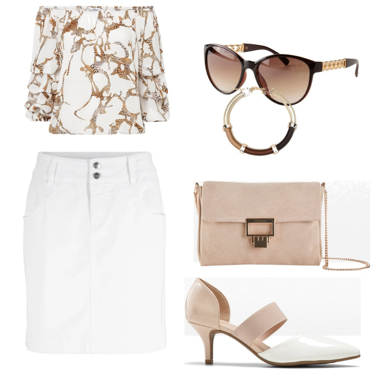 Outfit donna - minigonna day. Stile Casual chic per Tutti i giorni. Abbinamento con minigonne, bluse, décolleté, occhiali da sole, pochette, braccialetti.