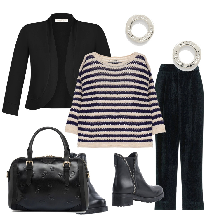 Outfit donna - Today\'s outfit. Stile Casual chic per Ufficio. Abbinamento con stivaletti, pantaloni, bolero, maglieria, orecchini, borse a mano.
