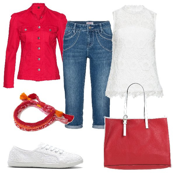 Outfit donna - Total look #1645156. Stile Basic per Tutti i giorni. Abbinamento con jeans dritti, sneakers, top, blazer, borse a mano, braccialetti.