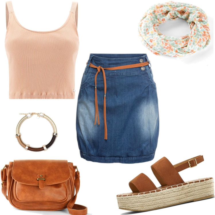 Outfit donna - Minigonna in jeans. Stile Etnico per Tutti i giorni. Abbinamento con minigonne, borse a tracolla, sandali, foulard, top, braccialetti.