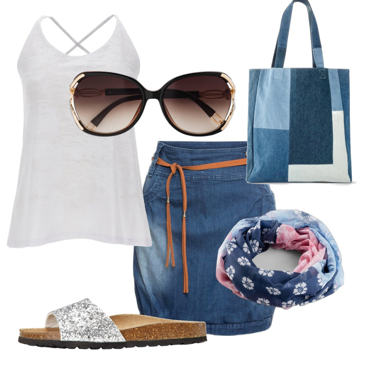 Outfit donna - Total look #1645190. Stile Casual per Tutti i giorni. Abbinamento con minigonne, occhiali da sole, ciabatte, shopping bag, foulard, canottiere.