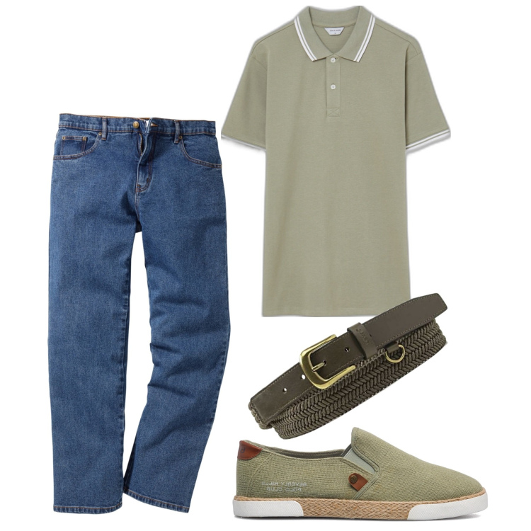 Outfit uomo - La polo color salvia. Stile Casual per Tutti i giorni. Abbinamento con jeans dritti, polo, sneakers, cinture.