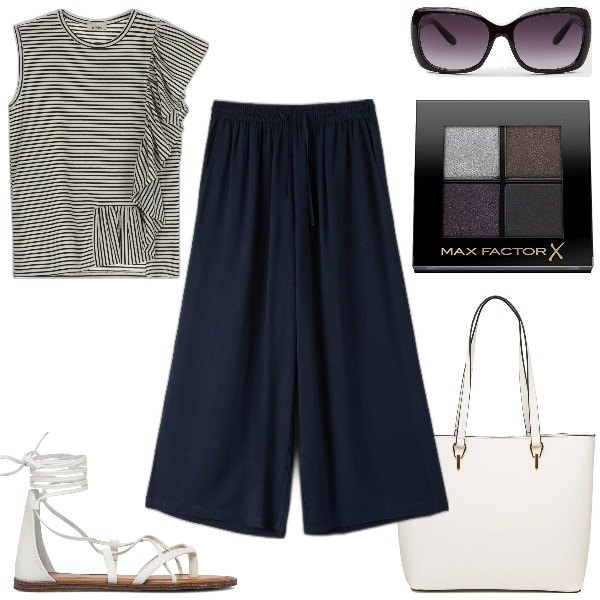 Outfit donna - Basic in Bianco e Blu. Stile Basic per Tutti i giorni. Abbinamento con pantaloni a palazzo, occhiali da sole, canottiere, borse a spalla, sandali alla schiava, ombretti.