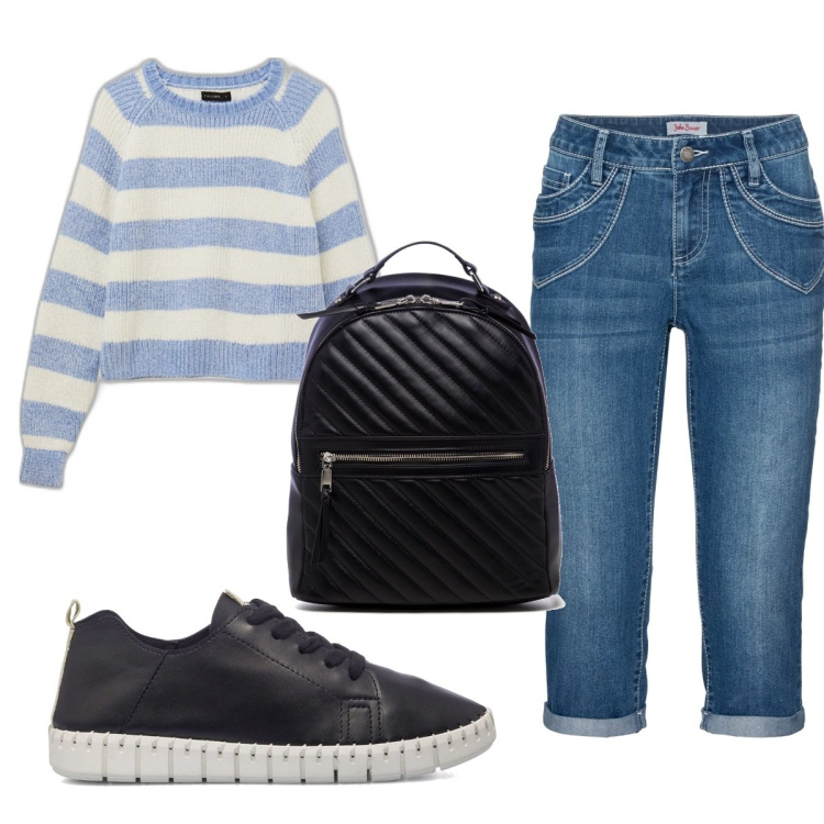 Outfit donna - Total look #1645242. Stile Basic per Scuola/Università. Abbinamento con jeans dritti, maglieria, sneakers, zaini.