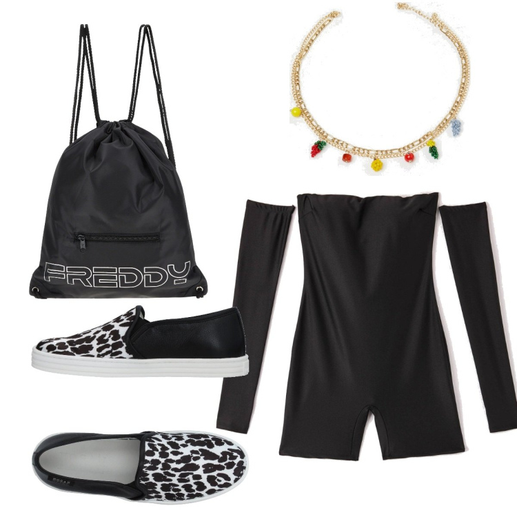 Outfit donna - Total look #1645263. Stile Trendy per Tutti i giorni. Abbinamento con sneakers, tuta corta, ciondoli, zaini.