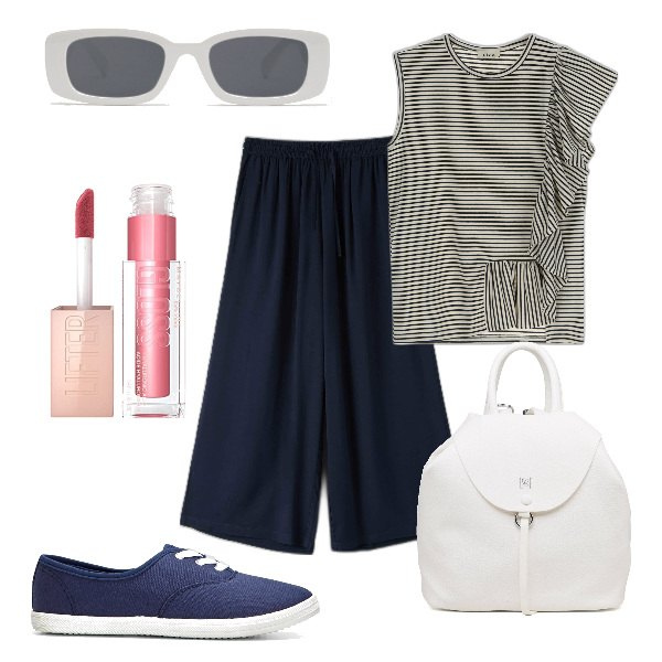 Outfit donna - Total look #1645290. Stile Sporty chic per Tutti i giorni. Abbinamento con sneakers, pantaloni a palazzo, occhiali da sole, canottiere, zaini, gloss.