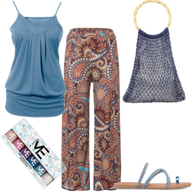 Outfit donna - Total look #1645308. Stile Boho per Tutti i giorni. Abbinamento con top, pantaloni, borse a mano, infradito, smalti.
