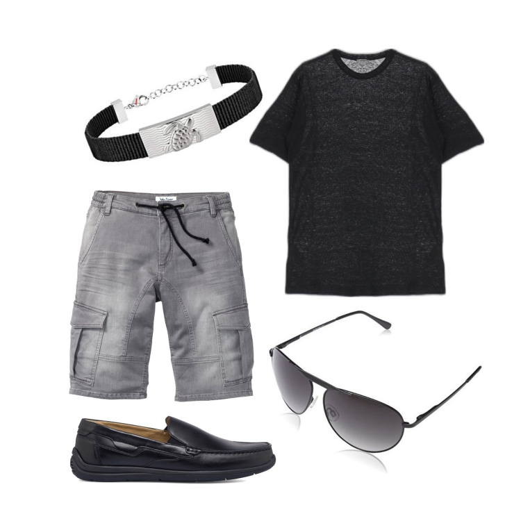 Outfit uomo - Ghost outfitter - giugno. Stile Trendy per Tutti i giorni. Abbinamento con bermuda, t-shirt, scarpe stringate, braccialetti, occhiali da sole.
