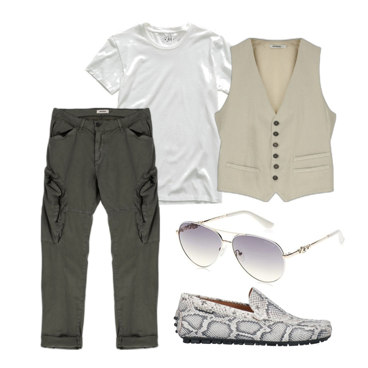 Outfit uomo - Ghost outfitter - giugno. Stile Business/Elegante per Serata speciale. Abbinamento con scarpe stringate, gilet, pantaloni, t-shirt, occhiali da sole.