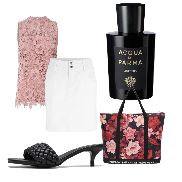 Outfit donna - Total look #1645335. Stile Casual per Tutti i giorni. Abbinamento con minigonne, top, ciabatte, borse tote, profumi.