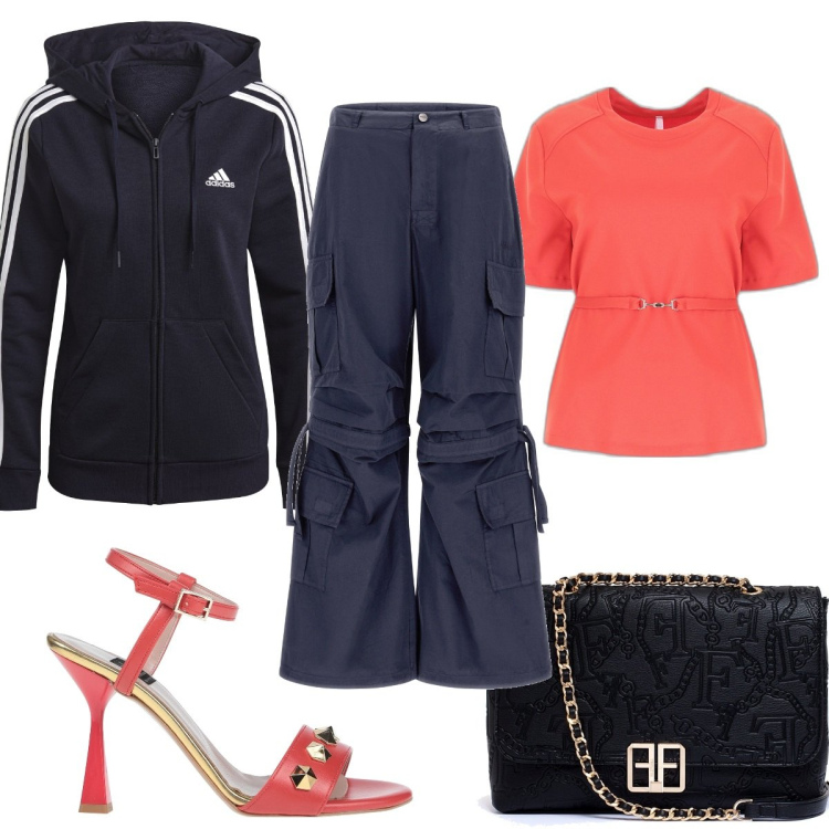 Outfit donna - Total look #1645394. Stile Sporty chic per Tutti i giorni. Abbinamento con sandali col tacco, clutch, t-shirt, pantaloni cargo, felpe con cappuccio.