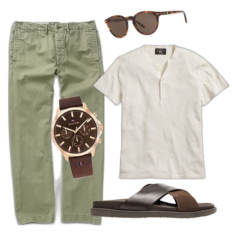 Outfit uomo - Prima al ristorante poi in spiaggia. Stile Casual per Tutti i giorni. Abbinamento con sandali, occhiali da sole, t-shirt, pantaloni chino, orologi analogici.