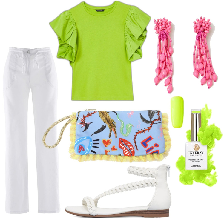 Outfit donna - Colori di estate. Stile Casual chic per Tutti i giorni. Abbinamento con pantaloni a palazzo, t-shirt, orecchini, pochette, sandali, smalti.