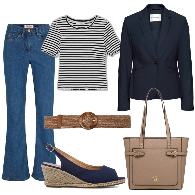 Outfit donna - Comoda. Stile Basic per Tutti i giorni. Abbinamento con jeans bootcut, blazer, t-shirt, cinture, sandali col tacco, borse a spalla.