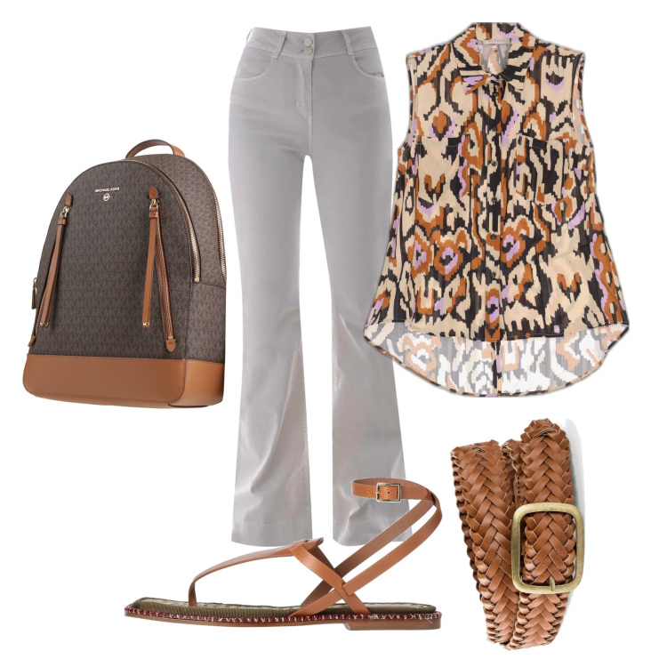 Outfit donna - \'70. Stile 70s per Serata fuori. Abbinamento con cinture, zaini, infradito, bluse, pantaloni.