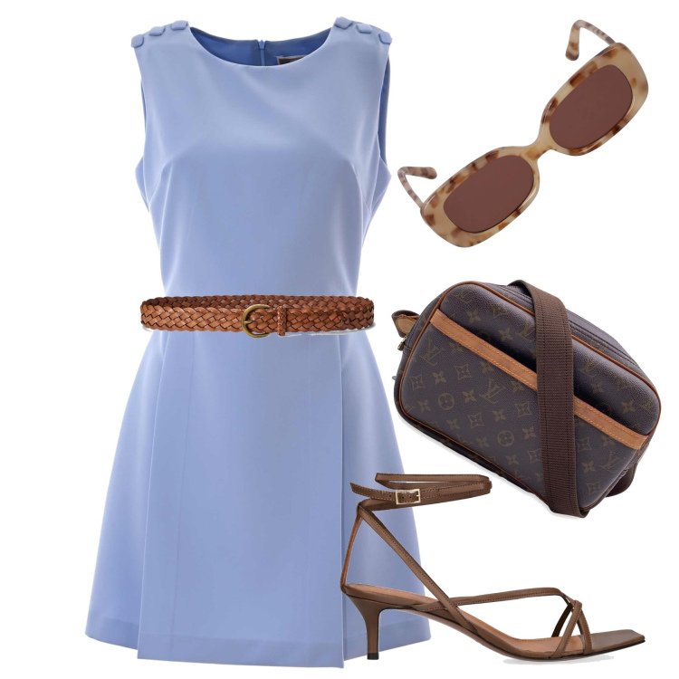 Outfit donna - A pranzo fuori. Stile Bon Ton per Tutti i giorni. Abbinamento con borse a tracolla, cinture, vestiti corti, sandali in pelle, occhiali da sole.