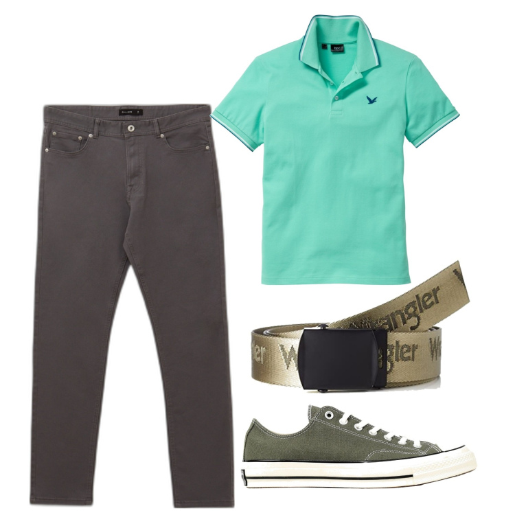 Outfit uomo - Verde chiaro e fango. Stile Casual per Tutti i giorni. Abbinamento con polo, sneakers, pantaloni, cinture.