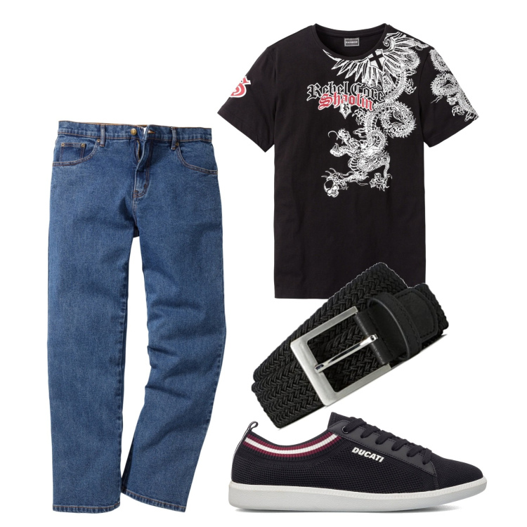 Outfit uomo - Il drago cinese. Stile Urban per Tutti i giorni. Abbinamento con jeans dritti, t-shirt, sneakers, cinture.