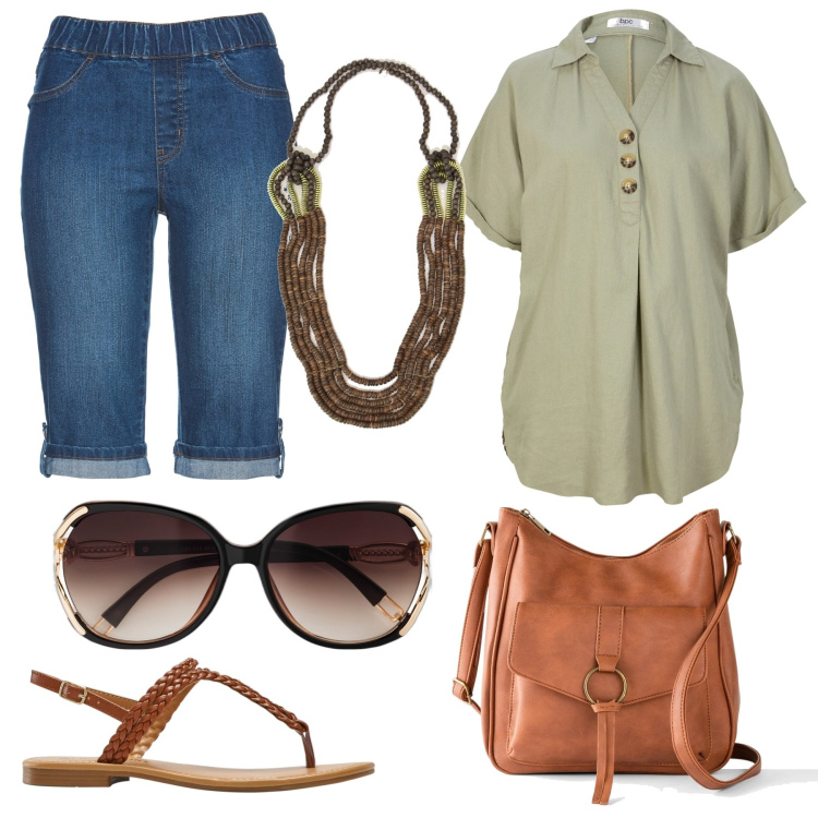 Outfit donna - Total look #1645739. Stile Trendy per Tutti i giorni. Abbinamento con bermuda, borse a tracolla, occhiali da sole, bluse, ciabatte, collane.