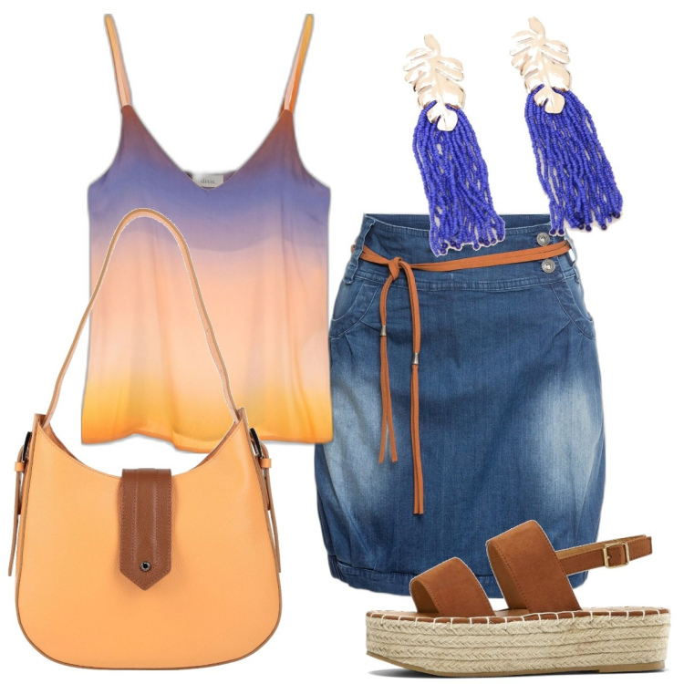 Outfit donna - Sfumature. Stile Casual per Tutti i giorni. Abbinamento con minigonne, sandali, borse a tracolla, canottiere, orecchini.