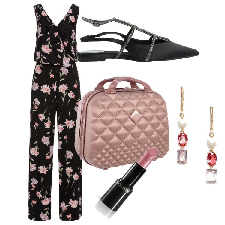 Outfit donna - Rose rosa. Stile Chic per Tutti i giorni. Abbinamento con ballerine, tuta corta, orecchini, valigie, rossetti.