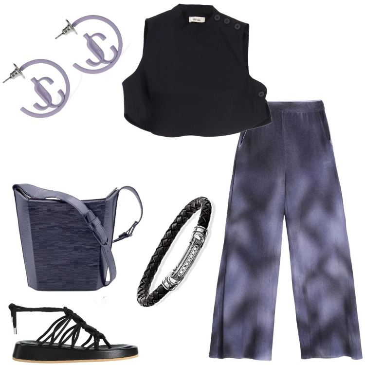 Outfit donna - Tempo libero. Stile Casual chic per Tutti i giorni. Abbinamento con infradito, pantaloni, borse a spalla, top, orecchini, braccialetti.
