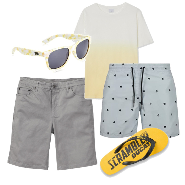 Outfit uomo - Si va al mare. Stile Casual per Mare. Abbinamento con bermuda, t-shirt, sandali, costumi, occhiali da sole.