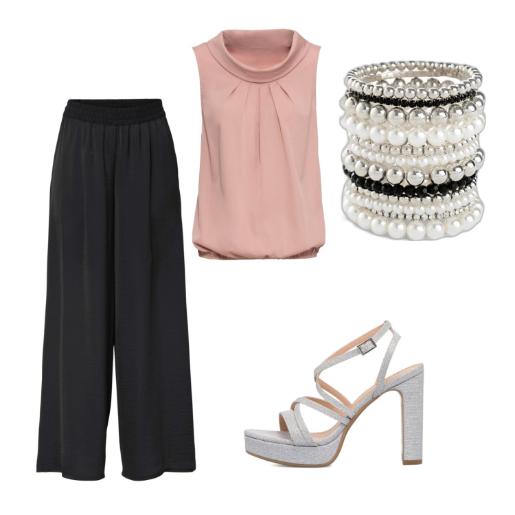 Outfit donna - Rosa (veg ok). Stile Casual chic per Tutti i giorni. Abbinamento con top, braccialetti, pantaloni a palazzo, sandali gioiello.