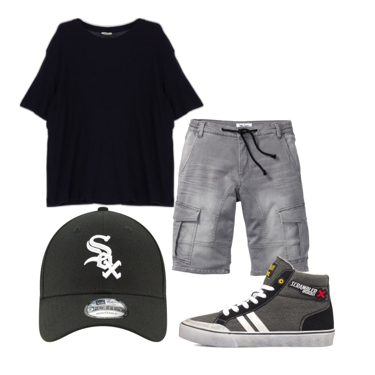 Outfit uomo - Ghost outfitter - giugno. Stile Casual per Tutti i giorni. Abbinamento con bermuda, t-shirt, sneakers alte, cappelli con visiera.