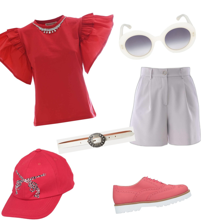 Outfit donna - Total look #1645904. Stile Casual Abbinamento con scarpe stringate, cappelli con visiera, cinture, t-shirt, pantaloni corti, occhiali da sole.