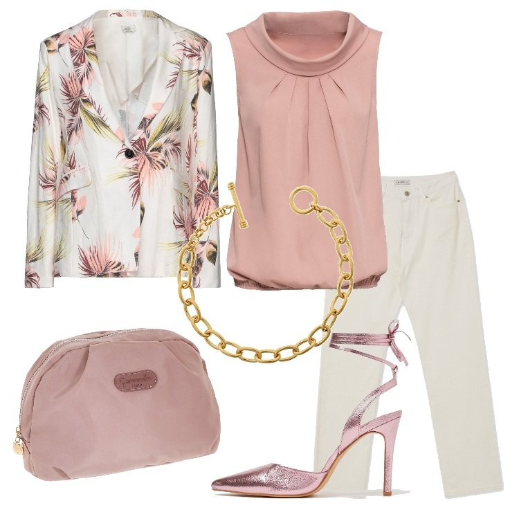 Outfit donna - Una giacca per la sera. Stile Casual chic per Serata fuori. Abbinamento con blazer, top, pantaloni, décolleté, braccialetti, clutch.