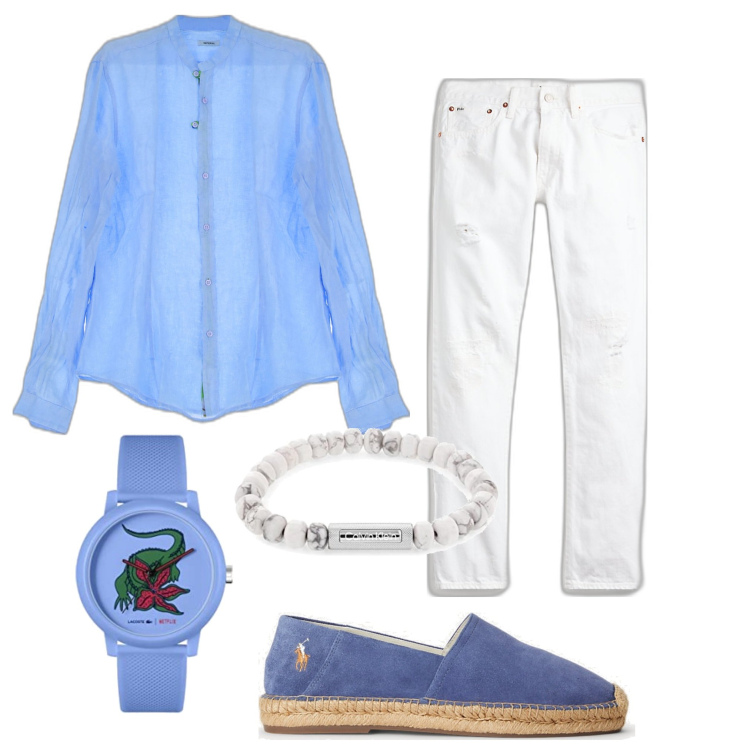 Outfit uomo - Pranzo al porto. Stile Trendy per Tutti i giorni. Abbinamento con camicie, jeans, espadrillas, orologi analogici, braccialetti.