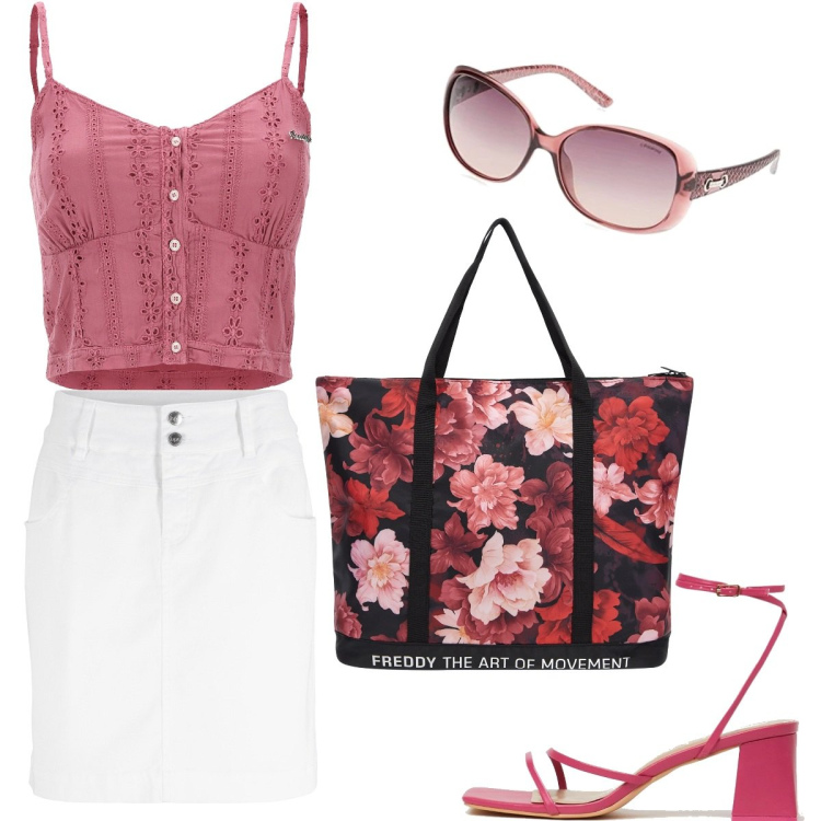 Outfit donna - Total look #1646139. Stile Casual per Tutti i giorni. Abbinamento con minigonne, sandali in pelle, top, borse tote, occhiali da sole.