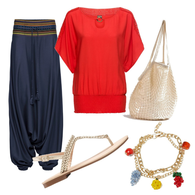 Outfit donna - Oriental style curvy. Stile Etnico per Tutti i giorni. Abbinamento con pantaloni, bluse, ciabatte, borse a spalla, braccialetti.