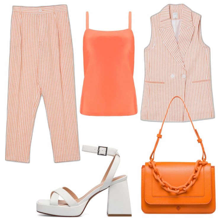 Outfit donna - Trendy da ufficio. Stile Trendy per Ufficio. Abbinamento con pantaloni, gilet, canottiere, sandali in pelle, borse a mano.